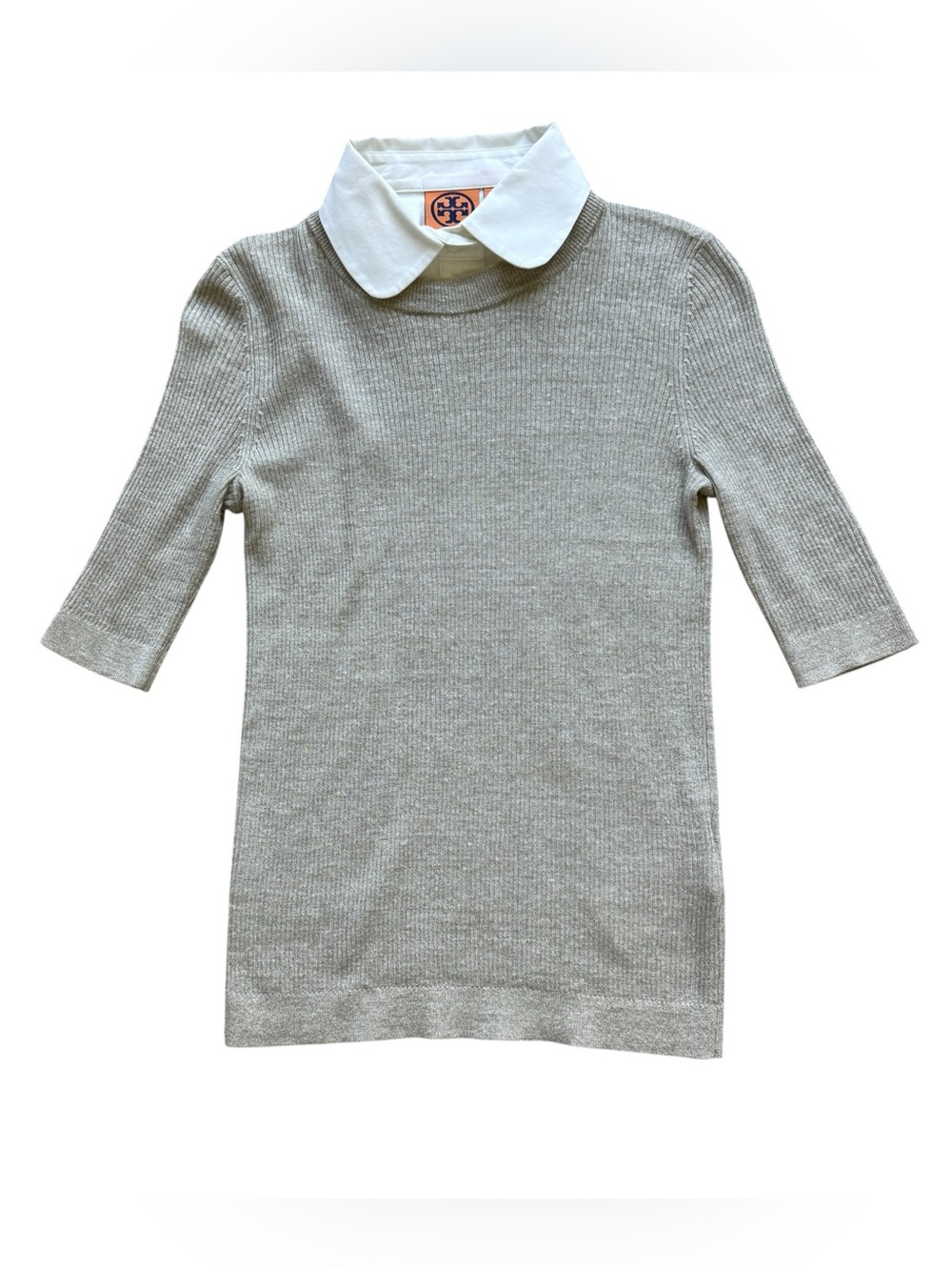 Tory Burch Oatmeal Wool Linen Sweater Tunic Peter Pan Collar XS 3/4 Sleeve